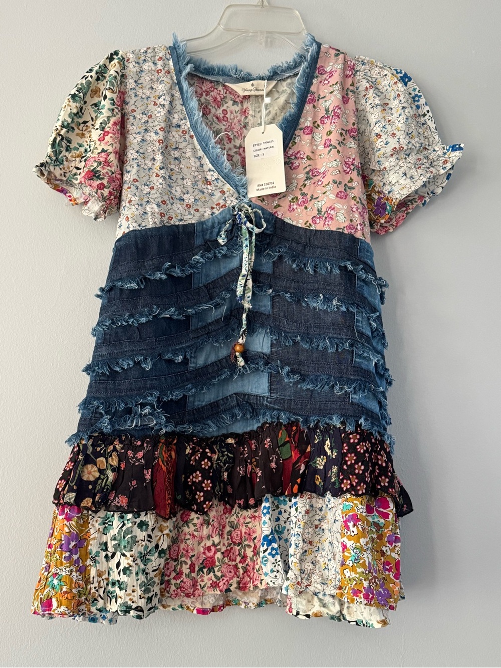 BNWT Young Threads Floral Patchwork tunic  with Denim Ruffles - Multicolor